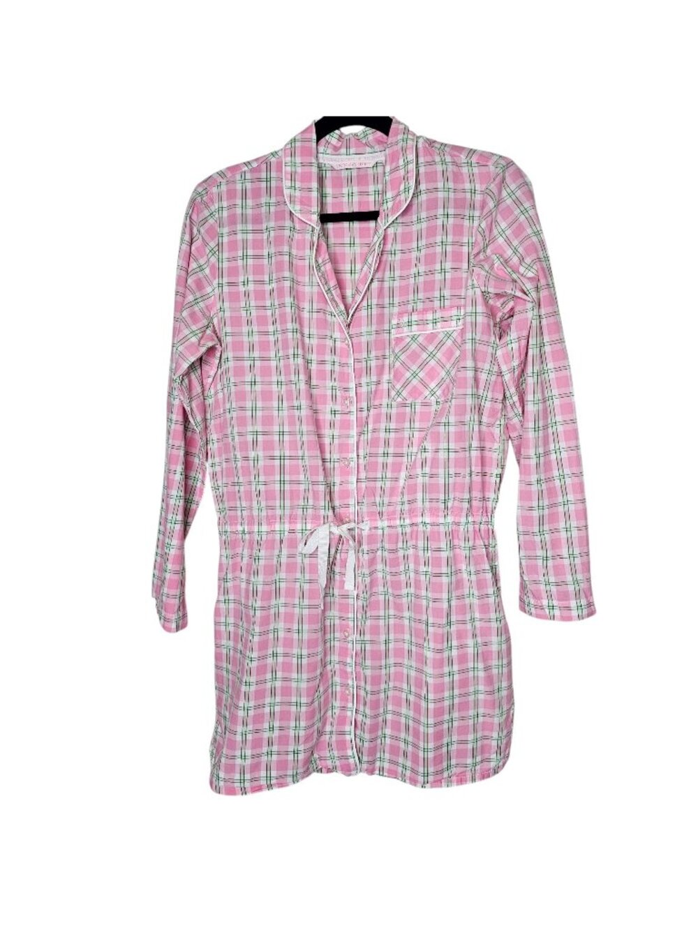 Y2k Victoria's Secret S Sleep Dress Pink Green Plaid Preppy Long Sleeve Button